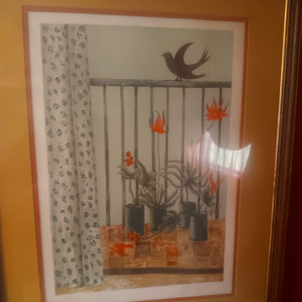 Framed Art Print with Bird and Floral Design Signed Print  "Maria Girona"